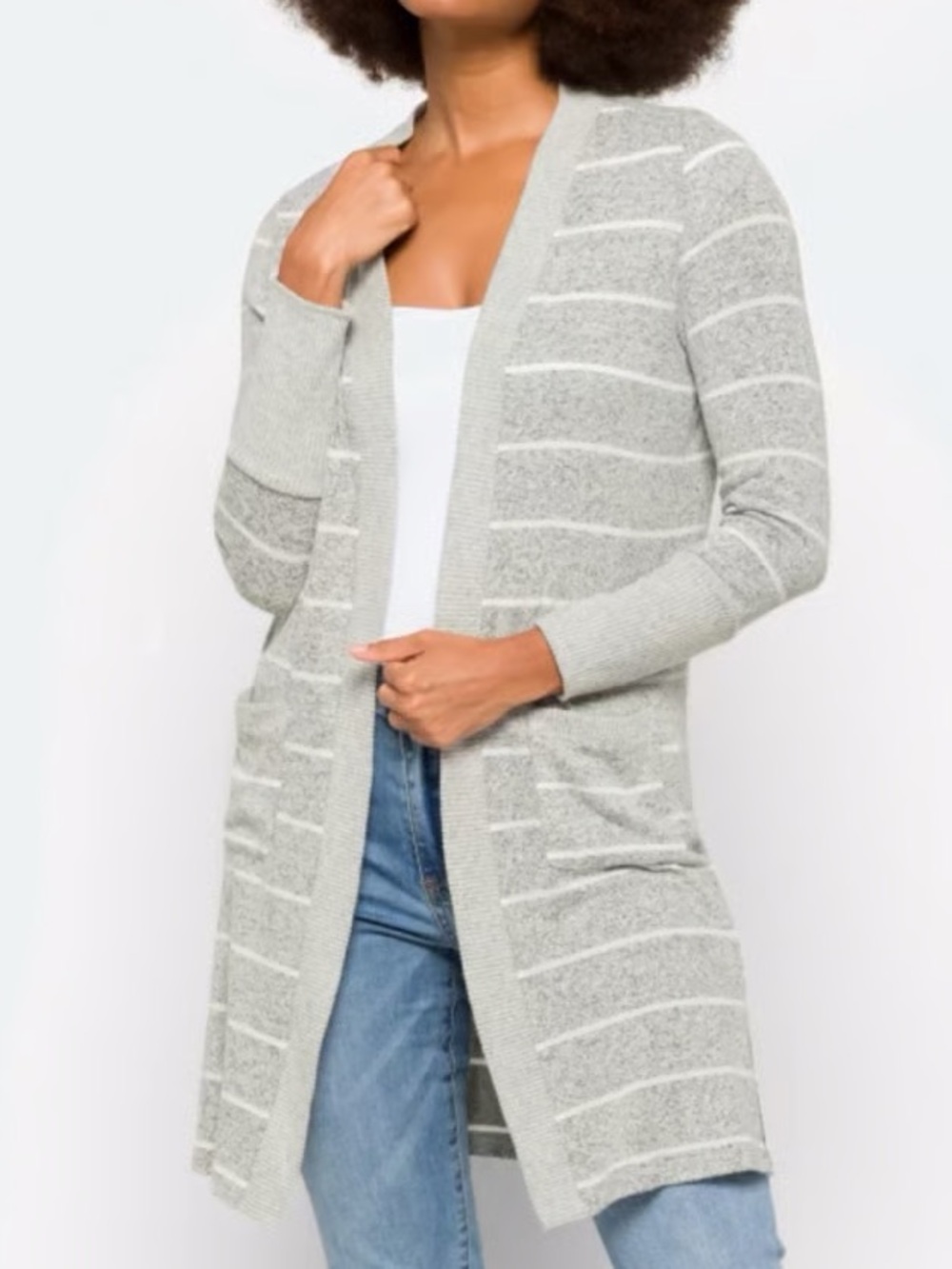 Market & Spruce | Hadley Brushed Light Gray White Striped Open Duster Cardigan L